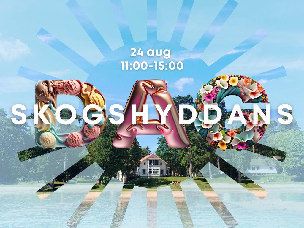 Skogshyddans cafe sedd från vattnet med en solform och texten Skogshyddans dag